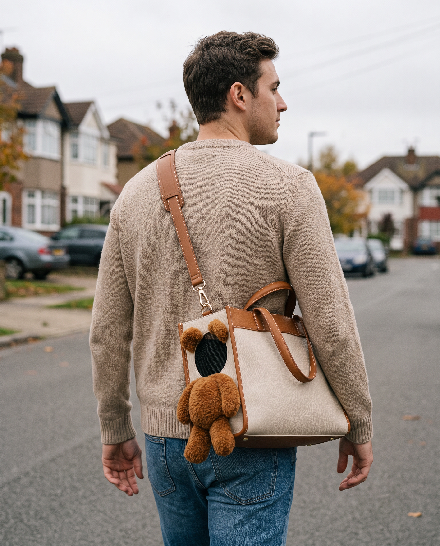 Man wearing the PEEKY™ carrier across his body on a quiet street