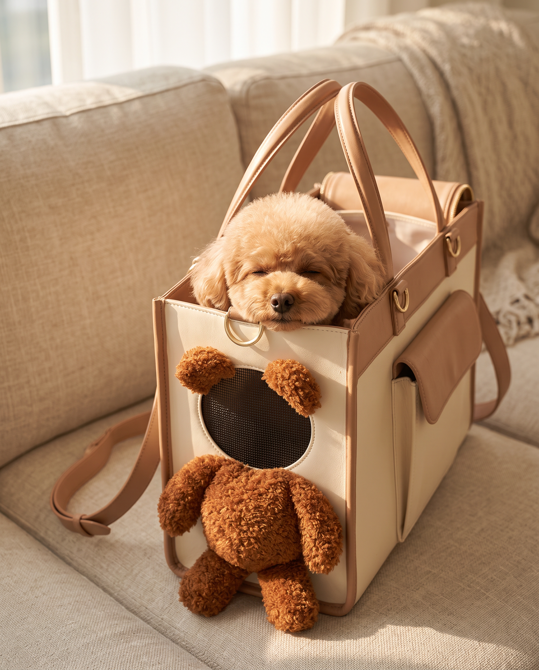 Small poodle resting inside the Bear Peek Carrier on a linen sofa in morning light