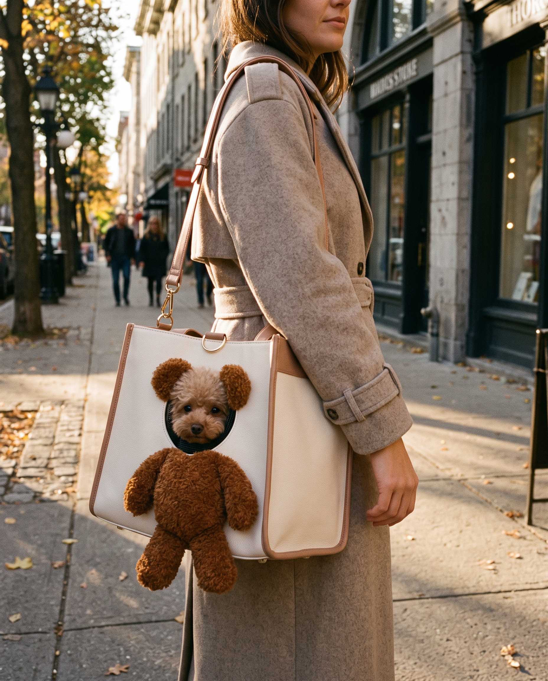 Woman walking a tree-lined sidewalk with her dog in the PEEKY™ carrier