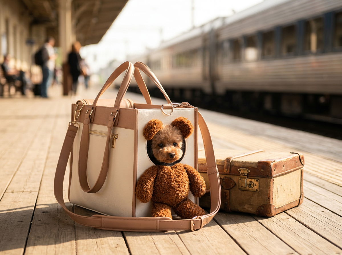 Bear Peek Carrier beside a vintage suitcase on a sunlit train platform with a dog looking out